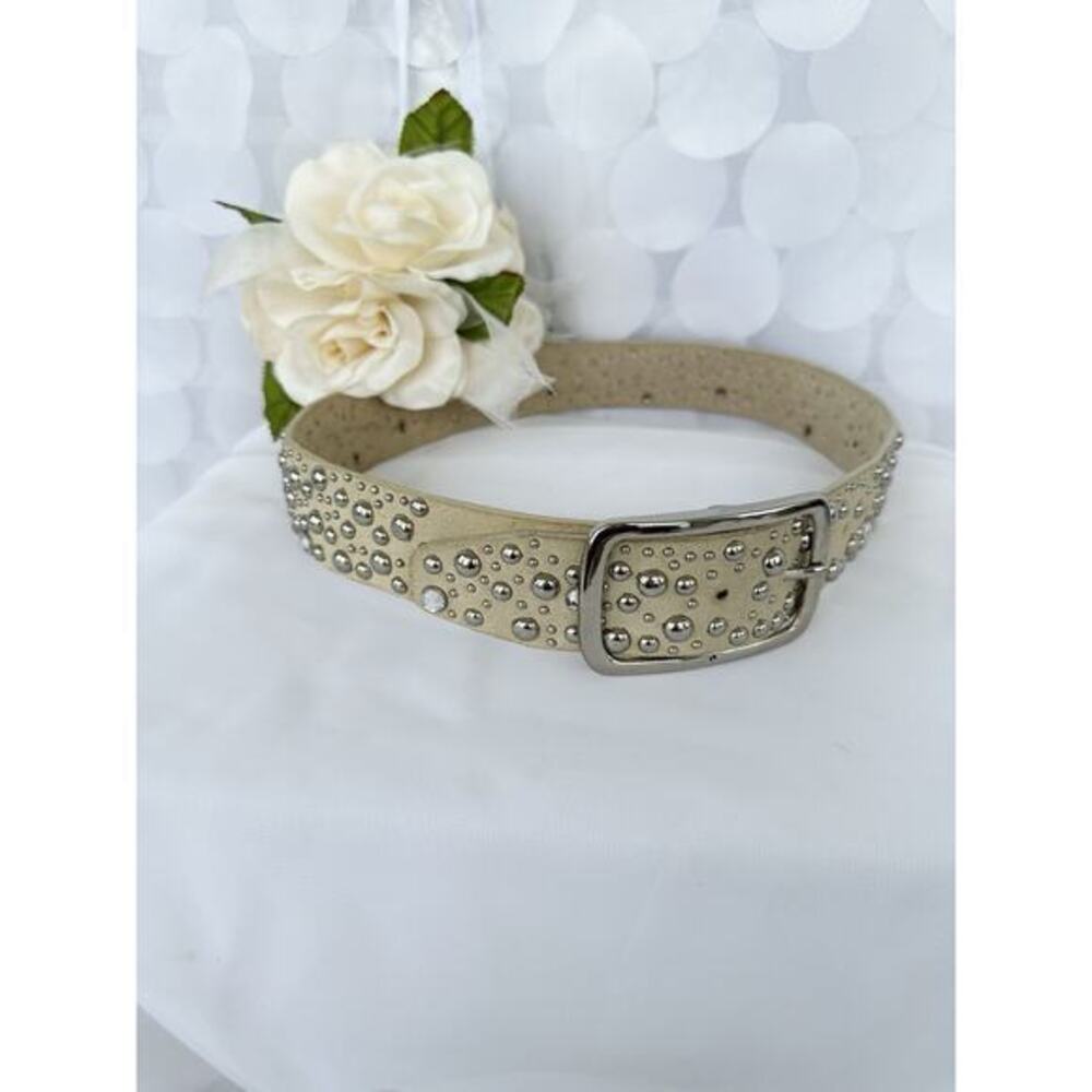 Genuine Suede Beige Studded Rhinestone Belt Women’s Small Silver Embellished
